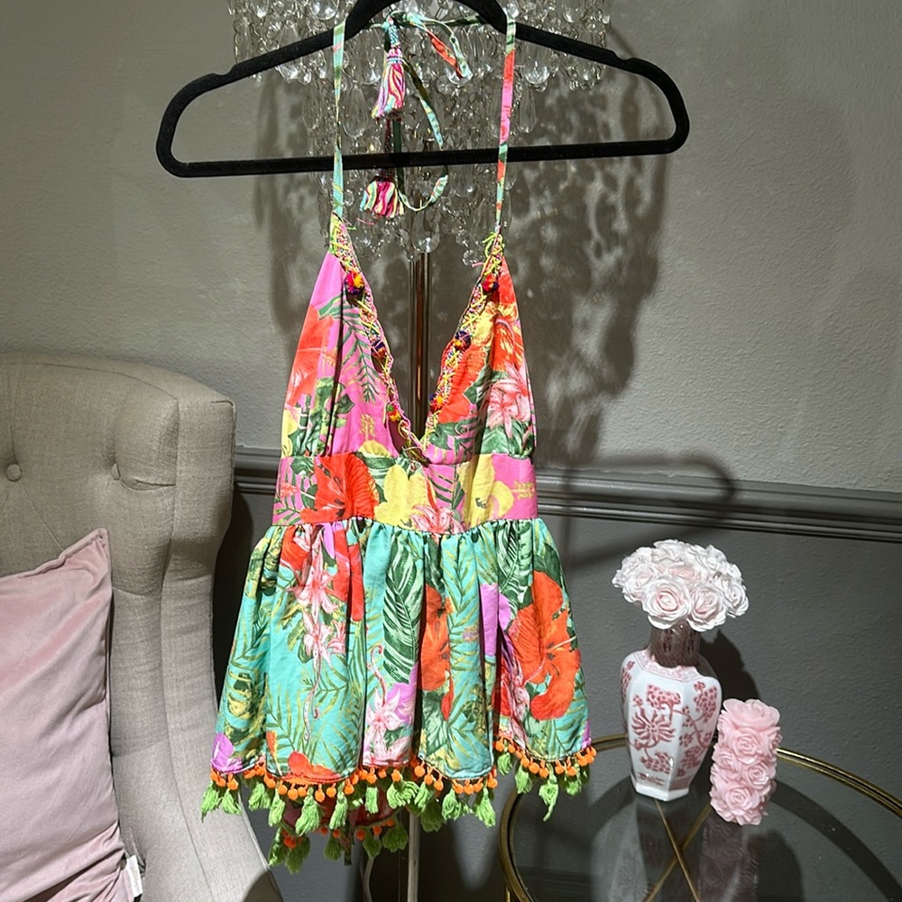 Antica Santoria summer top with beading, ruffles; and Pom Poms. 🧡
